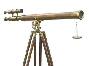 Antique nautical floor standing brass 39 inch telescope with wooden tripod stand - Picture 1 of 4