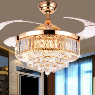 42" Rose Gold Invisible Ceiling Fan Light Luxury Crystal LED Chandelier w/Remote - Image 1 of 4