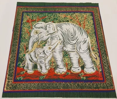 Dark Green Thai Silk Painting White Elephant Art Poster Print Asian Home Decor - Image 1 of 3
