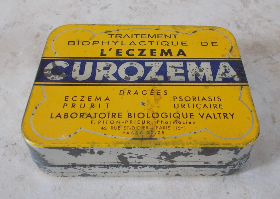 Ancienne Boite métal CUROZEMA Médicament Pharmacie Eczema France jaune - Photo 1/4