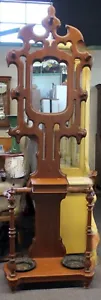 Antique Victorian Hall Tree with Mirror, 2 Umbrella Holders, Center Box, 7 Hooks - Picture 1 of 7