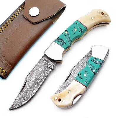 Damascus handmade Back Lock Folding Pocket knife Camping Hunting Knife Pouch - Image 1 of 4