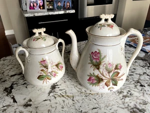 Antique Moss Rose Ironstone Coffee Pot and Lidded Cache Pot - Picture 1 of 9