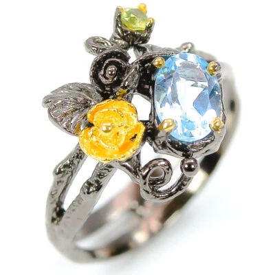 One of a kind Irradiated Natural Blue Topaz Silver Ring 925 Sterling /RVS306 - Image 1 of 4