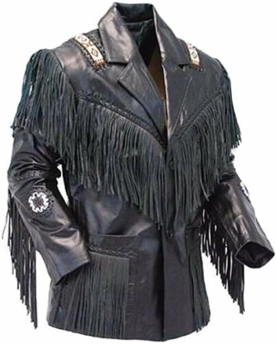 Bestzo Men’s Western Cowboy Leather Jacket Fringed Coat Black  XS-5XL