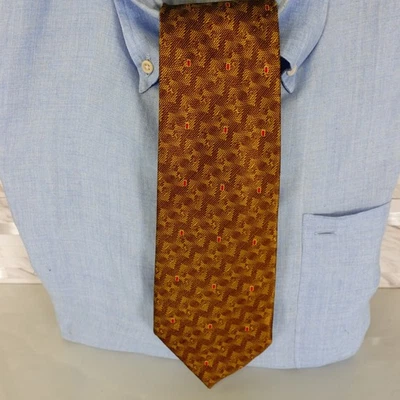 Neck Tie Mens Brown Gold Abstract ZIg Zag Striped Chevron Wide EMILIO CASUCCI - Image 1 of 4
