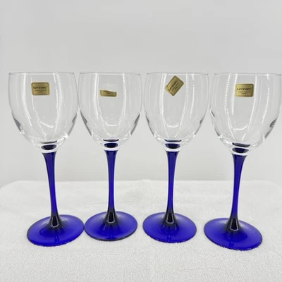 "4 copas de vino Luminarc France 12 oz tallo azul cobalto 7,75"" de alto de colección como nuevas" Foto 1 de 4