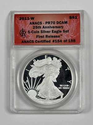 2011-P Prueba Silver Eagle 25 Aniversario Anacs Pr70 DCAM PRIMER LANZAMIENTO Foto 1 de 2