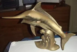 Vintage Messing Skulptur Schwertfisch - Marlin auf Welle MCM groß - Bild 1 von 11