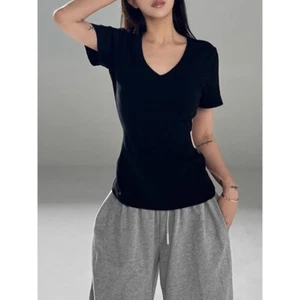 T-shirt donna manica corta scollo a V nuova sciolta sexy slim fit top base shirt - Foto 1 di 25