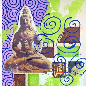 Meditative Swirl Original Buddha Wall Art Mixed Media Collage Painting 6x6in - Picture 1 of 7