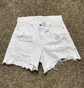 NWT AE American Eagle White Denim Shorts 'Highest Rise Baggy Short' Size 2 - Picture 1 of 12