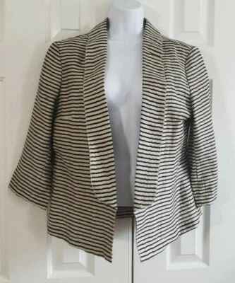 LOFT women's stripe open blazer 6 jacket Preppy Nautical 3/4 sleeve linen gray - Image 1 of 4