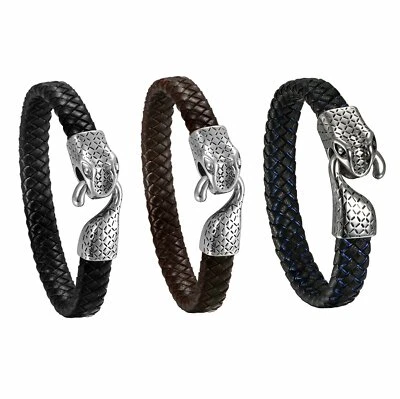 Pulseira masculina trançada de couro aço inoxidável cabeça de cobra gancho fecho pulseira punk - Imagem 1 de 4