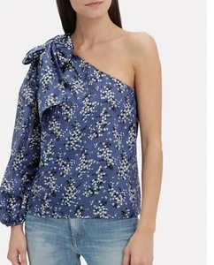 Ulla Johnson Enid blau One Shoulder Bluse Schleife Cottagecore Prairie Größe 2 neu ohne Etikett - Bild 1 von 11