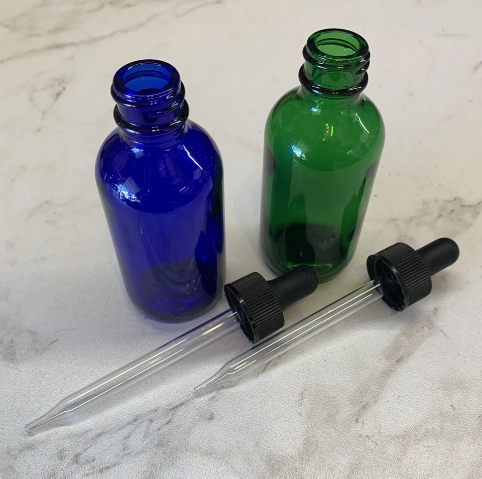 Lote de 12 - Botella de Vidrio 2oz con Cuentagotas Negro Cobalto 4 Azul y 8 Verde Foto 1 de 1