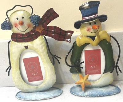 2 SNOWMAN PICTURES FRAMES 2" x 3" Kohl's twins snow star Christmas country farm - Image 1 of 4