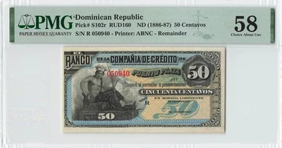 DOMINICAN REPUBLIC 50 Centavos 1886-87, P-S102r, Remainder, PMG 58 a/UNC Grade - Image 1 of 2