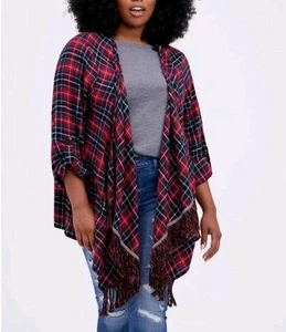 TORRID karierter Flanell-Cardigan drapiert Fransensaum vorne offen in 0 Large - Bild 1 von 9