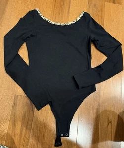 Black Long Sleeve Body Suit Sz S Animal Print Trim EUC By American Eagle - Picture 1 of 3