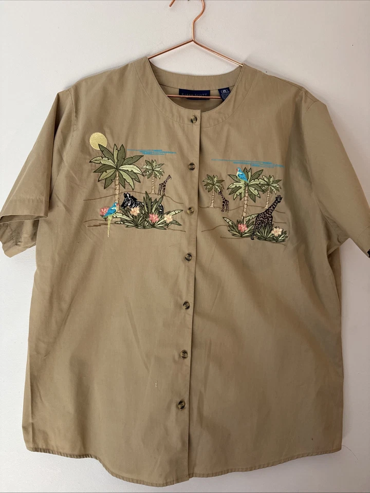 Karen Scott Button Up Sz L Brown African Safari Animals Embroidered Cottage Core - Image 1 of 4