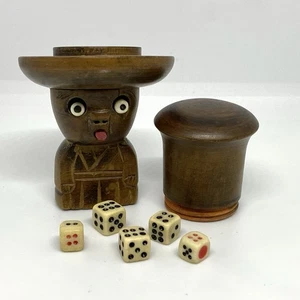 Antique Wooden Kobe Toy w/ 5 Miniature Dice in Hat Hand Carved 3.25" tall c.1900 - Picture 1 of 15