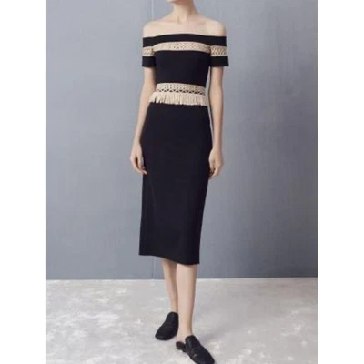 Vestido midi de cóctel de diseñador con flecos negros y tostados ALEXIS Bailey talla XS Foto 1 de 4