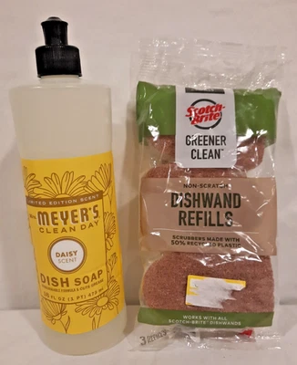 BRAND NEW MEYERS CLEAN DAY DAISY SCENT DISH SOAP W/ SCOTCH BRITE DISHWAND REFILL - Image 1 of 3