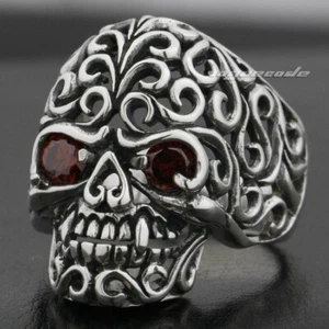 925 Sterling Silver Totem Swirls Red CZ Skull Ring Mens Punk Jewelry 9G002D - Picture 1 of 28