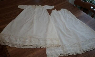 Antique Edwardian Baby Girl Long Dress & Petticoat Set Sheer Cotton Lace Embroid - Image 1 of 4