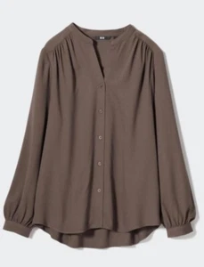 NWT Uniqlo Women Rayon Band Collar Gathered Long Sleeve Blouse~Brown~ M $40 - Picture 1 of 4