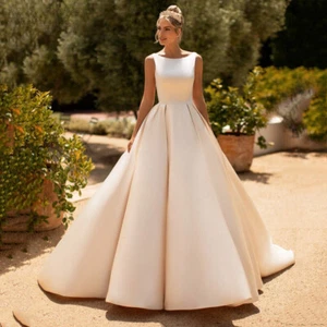 Luxury Satin Wedding Dress Scoop Neck Sleeveless Sweep Train A-Line Bridal Gowns - Picture 1 of 11