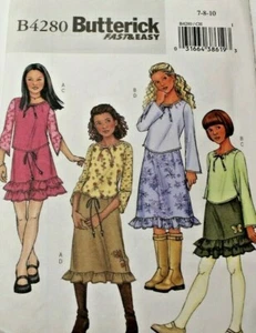 Butterick 4280 Girls Pull-Over Tops & Elastic Waist Skirts Sewing Pattern 7-8-10 - Picture 1 of 2