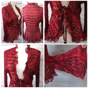 Y2k Red Black Sheer Tie Mesh Shrug XL Ruffled Dark Fairy Goth Whimsigoth Kimono - Picture 1 of 11
