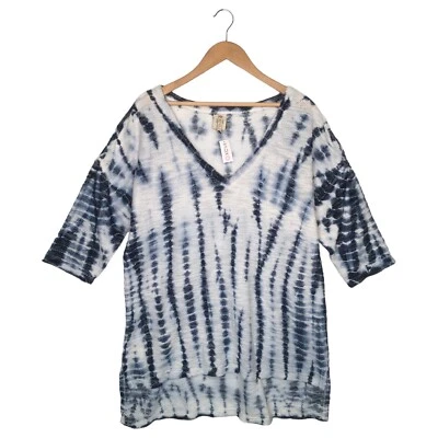 Nuevo Top XCVI Mujer L Tie Dye Túnica Boho Cuello en V Manga Corta Texturizado Tejido Azul Foto 1 de 4