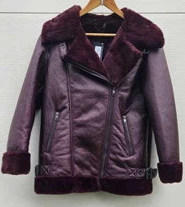 Marks And Spencer M&S Aviator Flying Jacket UK Size 10 Burgundy Shearling - Picture 1 of 9