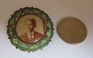 Antique Victorian Young Boy Photo Pin Enamel Frame - Picture 1 of 3