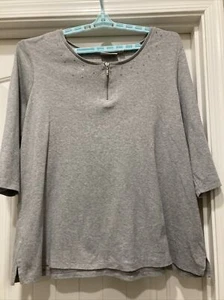Quacker Factory Gray Top Zip Neckline Rhinestones SZ 3X 3/4 Sleeve - Picture 1 of 16