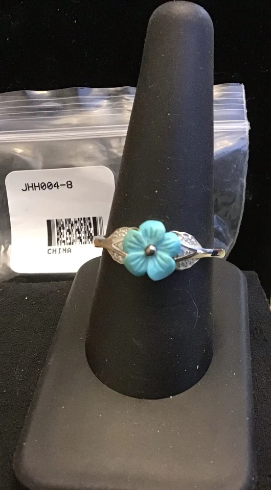 Carved Turquoise Flower Shape Ring In 925 Sterling Silver Size 8 - Image 1 of 1