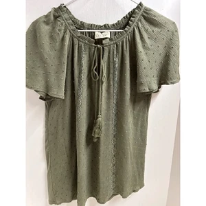 Ember Olive Green Swiss Dot Tassel Tie Flutter Sleeve Top - Women's Small - Picture 1 of 9