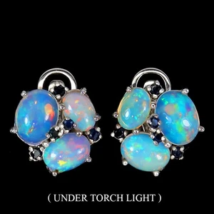 925 Sterling Silber Ohrringe Oval Feueropal 9x7mm Saphir Edelstein Schmuck - Bild 1 von 9