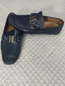 FERRAGAMO SARDEGNA Dark Blue Calf Pebbled Leather Men Loafers Size 7 EE - Picture 1 of 11