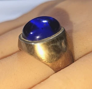 Mid Century Gentleman’s Ring Blue Stone Art Deco Style Unmarked Gold Tone - Picture 1 of 24