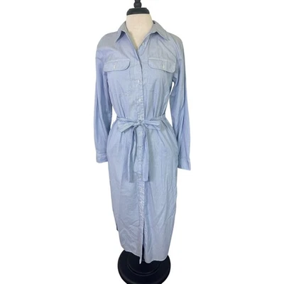POLO RALPH LAUREN Blue Pinstriped Cotton Oxford Belted Shirtdress Women's Sz 10 - Image 1 of 4