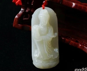 Chinese Antique Pendant Xinjang Hetian White Jade Guanyin Buddha Carved Craft - Picture 1 of 9