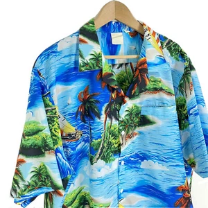 Big Kanaka Vintage 80s Hawaiian Aloha Polyester Men's XL Shirt Sail Boat Island - Picture 1 of 11