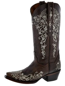Womens Brown Cowgirl Boots Floral Embroidered Botas Vaquera Size 6, 7, 8, 9, 9.5 - Picture 1 of 5