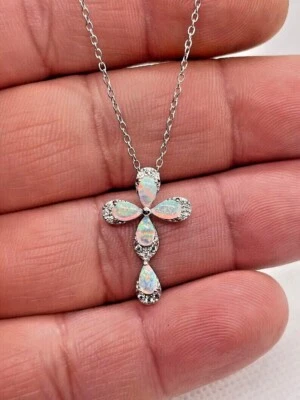 Pear Cut Simulated Fire Opal Pretty Cross Pendant Chain In 14k White Gold Plated - Image 1 of 4