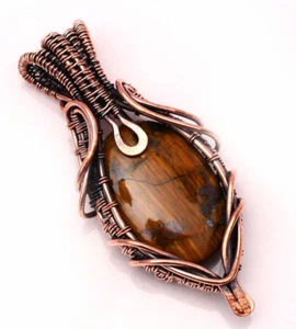 Tiger's Eye Gemstone Copper Wire Wrapped Handmade Jewelry Pendant 2.15" - Picture 1 of 9