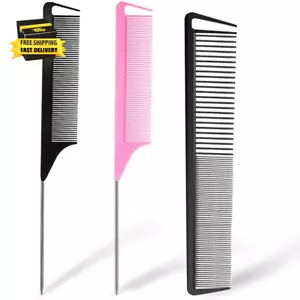 3 Pieces Rat Tail Comb Carbon Fiber Teasing Combs Parting Braids Comb Stainless - Picture 1 of 7